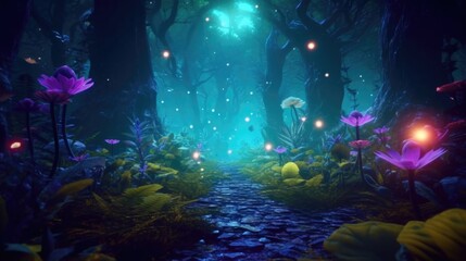 Colorful Neon Light Tropical Jungle Plants in a Dreamlike Forest Scene