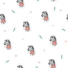 Seamless pattern with zebras and flowers. This collection is perfect for creating book and notepad covers, art prints, postcards, stickers, posters, collages, branding, social media, clothing.
