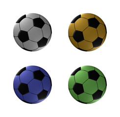 A set of 4 - 3D-rendered illustrations of different coloured soccer balls, isolated on a white background.