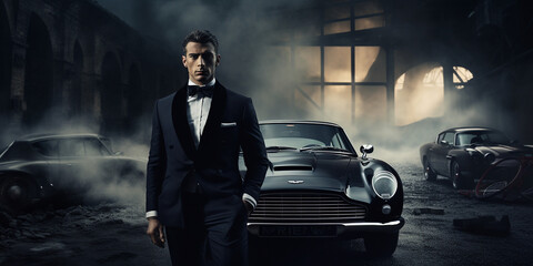 Mann im Smoking Anzug im Stil von James Bond und einem Auto und Nebel im Hintergrund, ai generativ