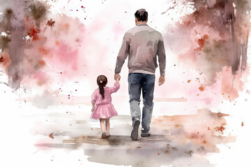 Obraz premium Watercolour illustration Father and daughter, walk hand in hand