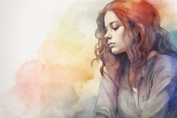 Watercolor illustration Sad and lonely girl, Unhappy figure, sorrow, Lady heartbroken by a breakup