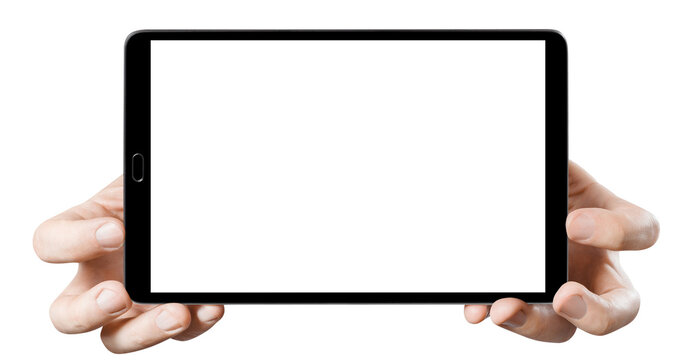 Hands holding black tablet, cut out