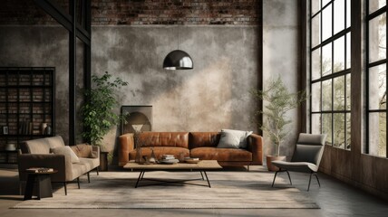 Fototapeta na wymiar Conceptual Illustration of an Industrial Brick and Wood Living Room Interior Design. Loft Apartment in New York Style, Modern and Minimalistic. Generative AI.