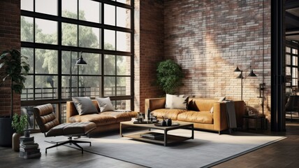 Conceptual Illustration of an Industrial Brick and Wood Living Room Interior Design. Loft Apartment in New York Style, Modern and Minimalistic. Generative AI.