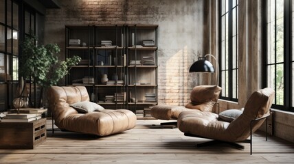 Conceptual Illustration of an Industrial Brick and Wood Living Room Interior Design. Loft Apartment in New York Style, Modern and Minimalistic. Generative AI.