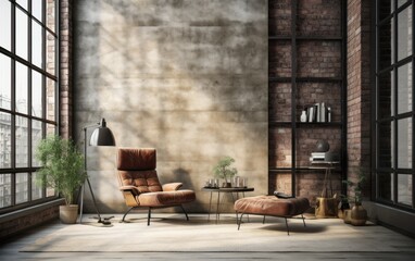 Fototapeta na wymiar Conceptual Illustration of an Industrial Brick and Wood Living Room Interior Design. Loft Apartment in New York Style, Modern and Minimalistic. Generative AI.