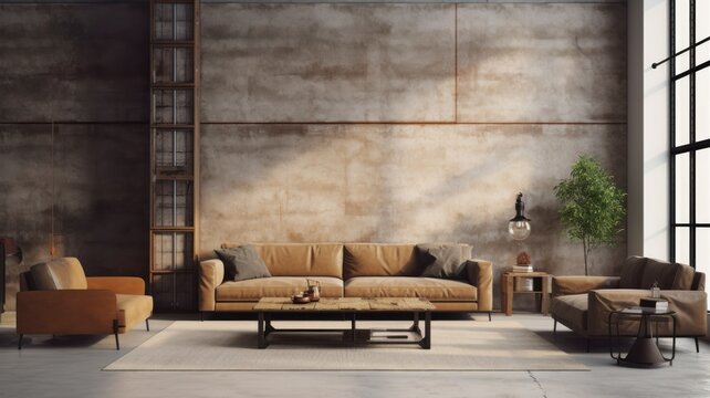 Conceptual Illustration of an Industrial Brick and Wood Living Room Interior Design. Loft Apartment in New York Style, Modern and Minimalistic. Generative AI.