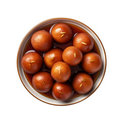 Delicious Gulab jamun in a bowl seen from above, top view, isolated on a transparent background