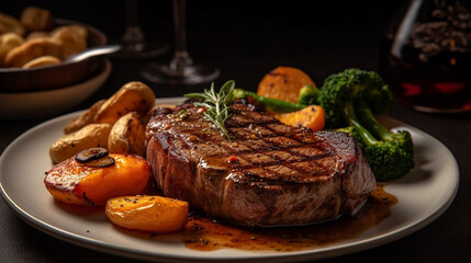 A plate of tender and juicy grilled steak with a side of roasted potatoes and sautéed vegetables