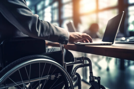 Close up of man in wheelchair working with laptop computer in office. Generative AI.