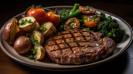 A plate of tender and juicy grilled steak with a side of roasted potatoes and sautéed vegetables