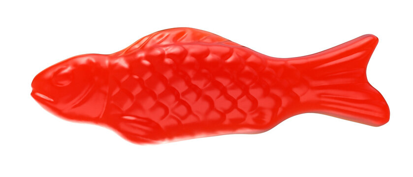 Isolated red fish shaped gummy jelly candy. Isolated on background. 3d illustration. Design elemenet. clipping path.