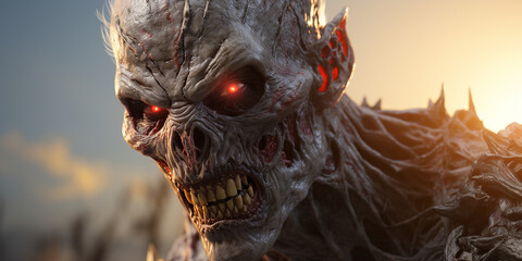 Grusel Monster Gesicht mit scharfen Zähnen als Zombie und leuchtenden Augen als Poster, ai generativ
