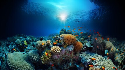 Naklejka na ściany i meble Coral reef in the underwater world. Marine life. Sea creatures. AI generated