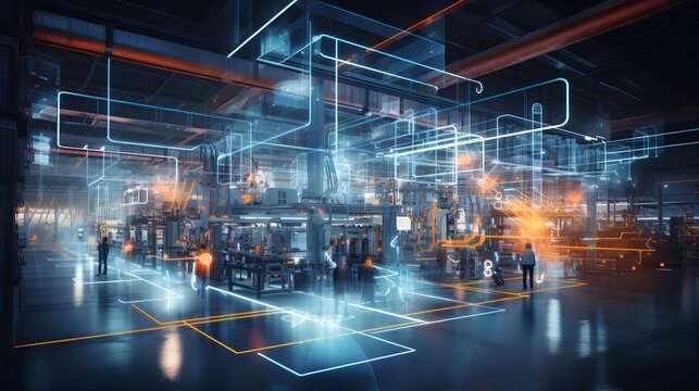 A futuristic image illustrating the concept of a smart factory. Advanced technology like AI, IoT and robotics in manufacturing processes for greater efficiency and productivity. Generative AI