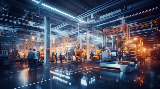 A futuristic image illustrating the concept of a smart factory. Advanced technology like AI, IoT and robotics in manufacturing processes for greater efficiency and productivity. Generative AI