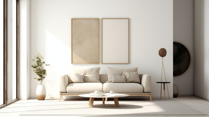 Obraz na płótnie Canvas Stylish Living Room Interior with Mockup Frame Poster, Modern interior design, 3D render, 3D illustration