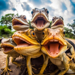 Fototapeta premium Captivating group selfie of animated lizards from above, evoking fun and amusement, perfect for engaging content and sparking emotion in your audience. Generative AI