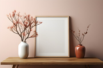 Empty wooden picture frame mockup hanging on pastel wall. Boho-shaped vases with dried flowers and house plants on table. Working space, home office. Modern interior. Generative AI technology