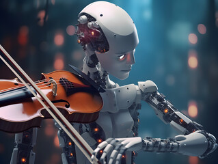 Naklejka premium AI robot musician playing violin. Futuristic entertainment on stage. AI generated