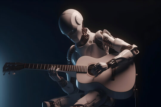 AI robot musician playing guitar. Futuristic entertainment on stage. AI generated
