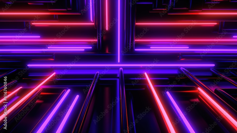 Wall mural Glowing neon lines blue purple and magenta glowing crossing neon tubes light streaks illumination rays futuristic background 3d illustration poster Generative ai