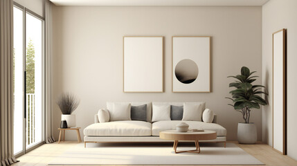 Stylish Living Room Interior with Mockup Frame Poster, Modern interior design, 3D render, 3D illustration