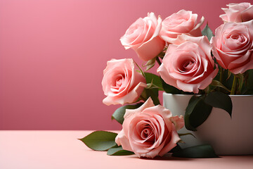 a bunch of fresh pink roses in a deep white vase, a bouquet on pastel pink background, copy space for text. Generative AI technology