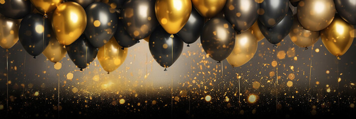 Black and golden balloons and confetti on dark background. Birthday, holiday or party background. Banner with empty space for text. Festive greeting card. Created with generative Ai