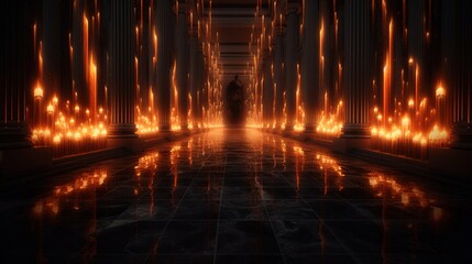 Long flame rising up in large hall with columns with reflection on the floor orange flame blazing fire 3d rendering mystical design illustration poster book game Generative AI