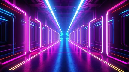 Fototapeta premium Futuristic corridor tunnel with multicolored neon lamps sabers and lights double lines, 3d rendering illuminated hallway spaceship illustration concept background Generative AI