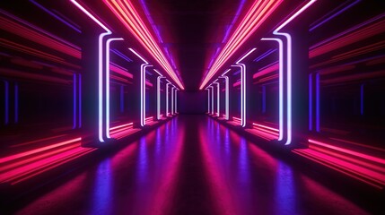 Futuristic tunnel with multicolored neon lamps sabers and lights reflection ,3d rendering illuminated corridor spaceship hallway concept illustration background Generative AI