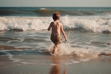 Fototapeta na wymiar Happy child running in the waves during summer vacation on exotic tropical beach. Holiday on ocean coast for family with young children. Kids play at the sea