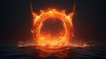 Fire circle on black background, ring of fire flame over water, burning fire shiny number zero 3D render round fire frame abstract art illustration generative ai