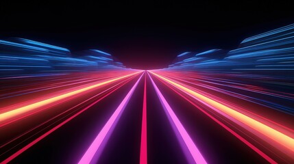 Fototapeta na wymiar Neon laser rays glowing line speed motion abstract colored light streaks on perspective road speed motion acceleration futuristic illustration background Generative AI