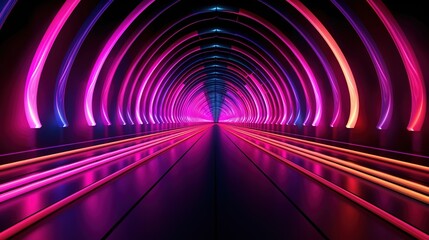 Fototapeta premium Bridge with red magenta and blue neon lights futuristic tunnel with multicolored neon lamps double lines 3d rendering hallway concept illustration background Generative AI