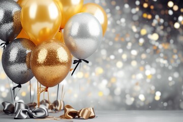 Golden and silver gray metallic glitter balloons and confetti on glistering background. Birthday, holiday or party background. Empty space for text. Festive greeting card. Created with generative Ai