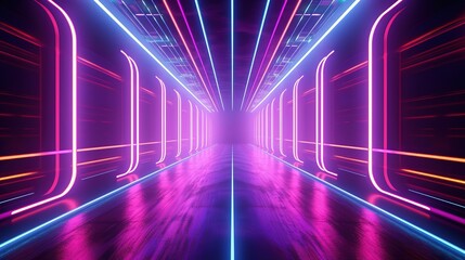 Futuristic tunnel with multicolored neon lamps sabers and lights double lines, 3d rendering illuminated corridor spaceship hallway concept illustration background Generative AI