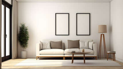 Fototapeta premium Stylish Living Room Interior with Mockup Frame Poster, Modern interior design, 3D render, 3D illustration
