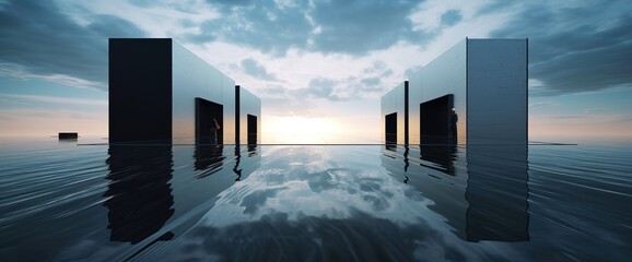 Surreal landscape mirrored rectangular shapes with reflection in water 3d render futuristic fantasy picture travel to the future illustration wallpaper poster generative ai