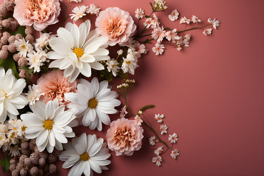 Several white and pink flowers - daisies, chrysanthemums, cherry blossom, on a seamless pastel pink background. Top view. Flat lay. Copy space for text. Generative AI technology