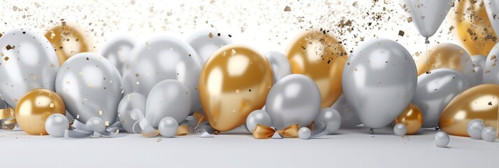 Fototapeta na wymiar Golden and silver gray metallic balloons and confetti on floor on white background. Birthday, holiday or party background. Empty space for text. Festive greeting card. Created with generative Ai