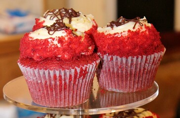 red velvet cupcakes various on stand stock photo, stock, photograph, image, picture 