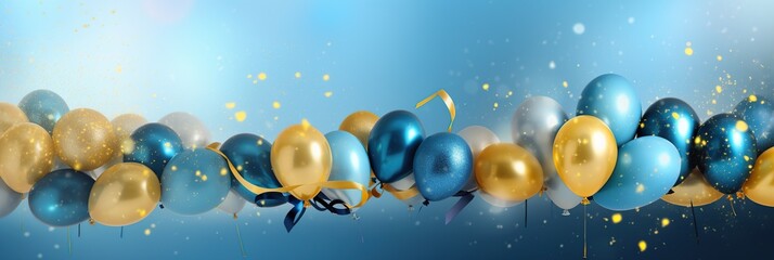 Holiday celebration background with golden, silver and blue metallic balloons, gold sparkles confetti and ribbons. Festive card for birthday party, anniversary, new year, christmas or other events. - obrazy, fototapety, plakaty