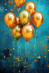 Holiday celebration background with golden metallic balloons, gold sparkles confetti and ribbons. Festive card for birthday party, anniversary, christmas or other events. Created with generative Ai - obrazy, fototapety, plakaty