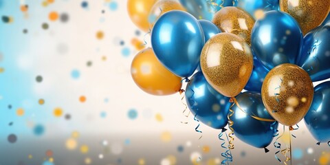 Holiday background with golden and blue metallic balloons, confetti and ribbons. Festive card for birthday party, anniversary, new year, christmas or other events. Created with generative Ai
