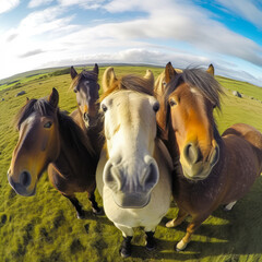 Spectacular group selfie of majestic horses captured from above, evoking fun and amusement to emotionally connect with the viewer. Ideal for marketing. Generative AI