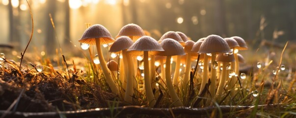 Psilocybe Cubensis Golden Ticher Mushrooms in Morning Dew Grass