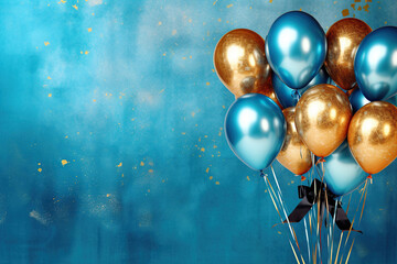 Holiday background with golden and blue metallic balloons, confetti and ribbons. Festive card for birthday party, anniversary, new year, christmas or other events. Created with generative Ai - obrazy, fototapety, plakaty